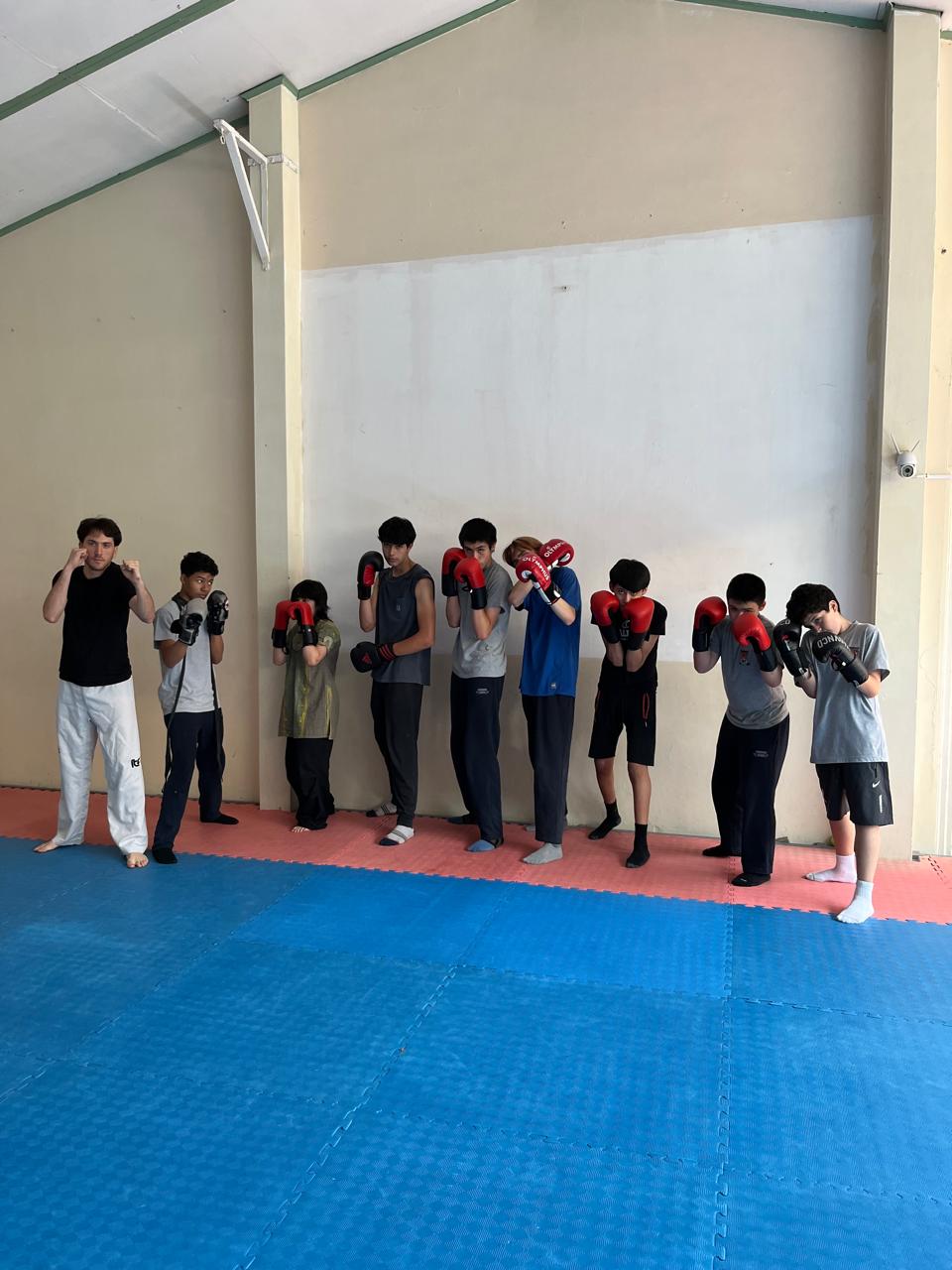 Grupo de kickboxing en guardia con guantes