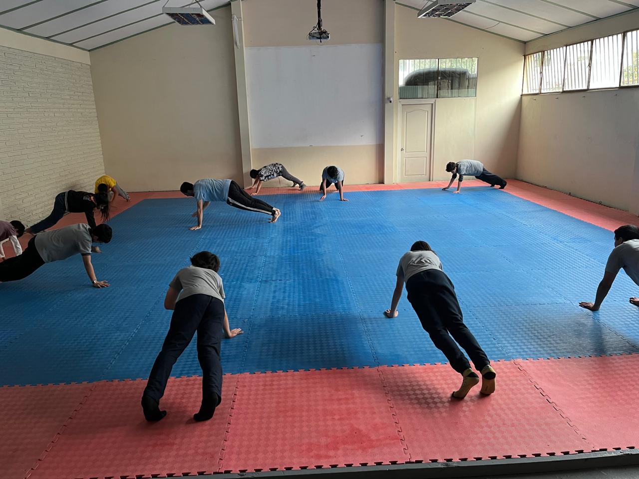 Clase entrenando sobre el tatami azul de la sala principal